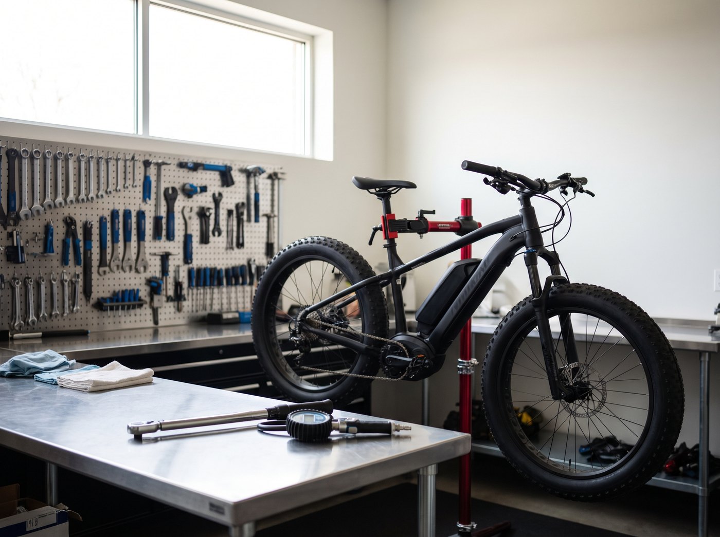 Puesto de trabajo del taller: una bicicleta eléctrica en el caballete frente al panel de herramientas